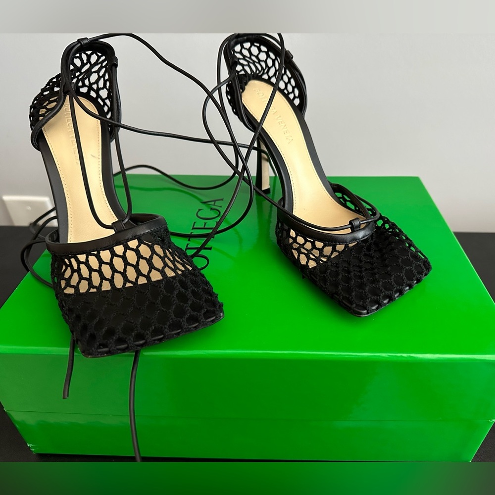 Bottega Veneta Stretch Mesh Square Toe Ankle Strap Pumps
